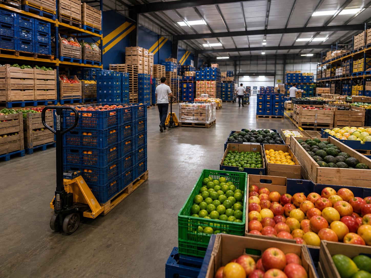 Logística y pallets de frutas en galpón